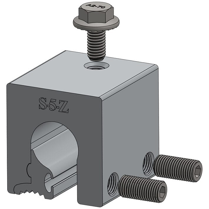 S-5! S-5-Z The S-5-Z clamp is specially developed to fit profiles having a round “bulb” seam configuration. Its two-piece design allows it to be easily installed anywhere along the length of the rib