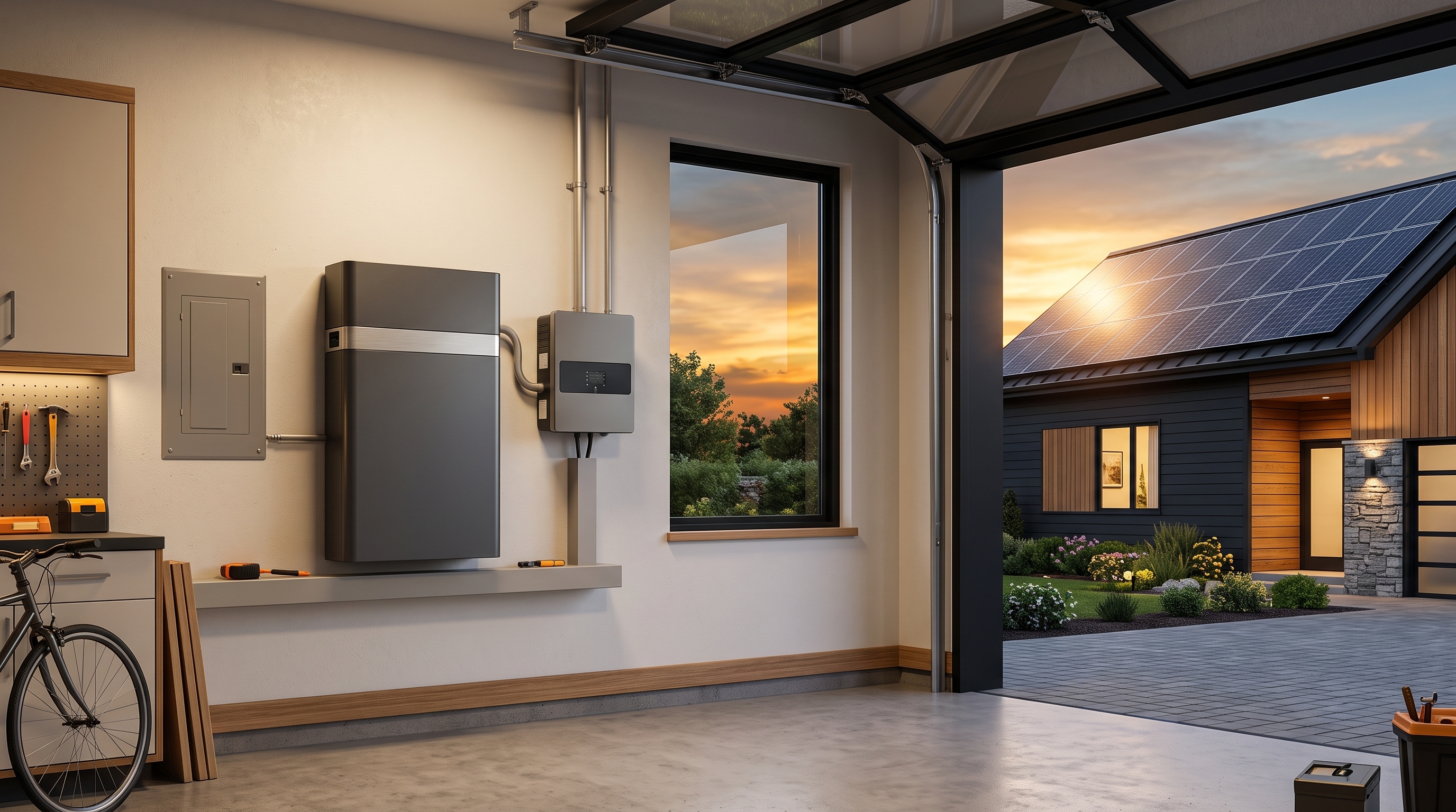 Modern home with rooftop solar panels and wall battery energy storage